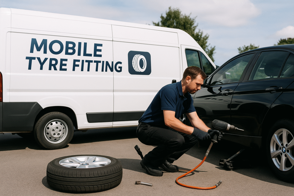 there is a van and there is a guy fixing car tyre