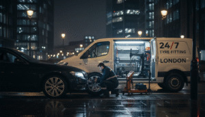 at night man fixing tyre as mobile tyre fitting experts