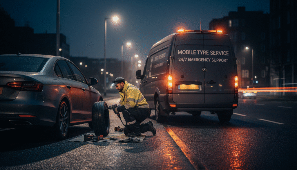 guy trying to fix the tyre puncture at night